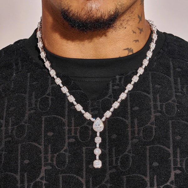 Moissanite Diamond Cushion Cut lariat chain necklace in 925 silver with VVS1 stones worn on model