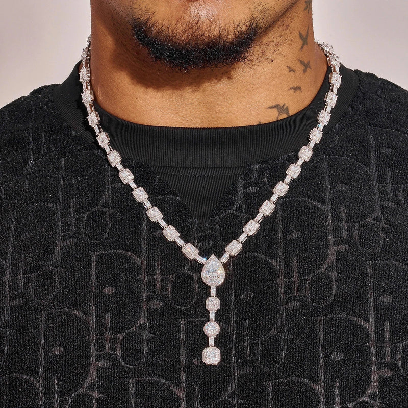 Moissanite Diamond Cushion Cut lariat chain necklace in 925 silver with VVS1 stones worn on model