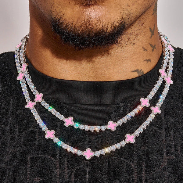 5MM Moissanite Pink Motif tennis chain in 925 silver with white gold plating and VVS1 D color stones