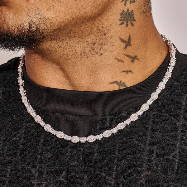 7MM Moissanite oval emerald cut tennis chain in 925 silver white gold plating worn on neck