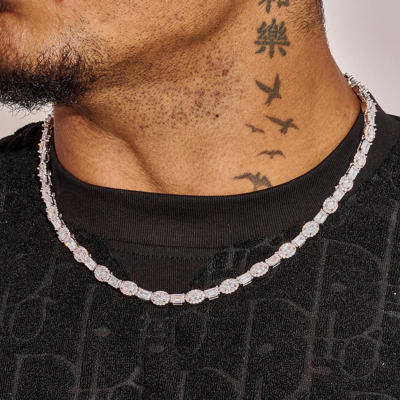 7MM Moissanite oval emerald cut tennis chain in 925 silver white gold plating worn on neck