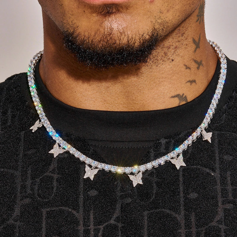 Iced Butterfly Tennis Chain white gold necklace with sparkling stones and butterfly details