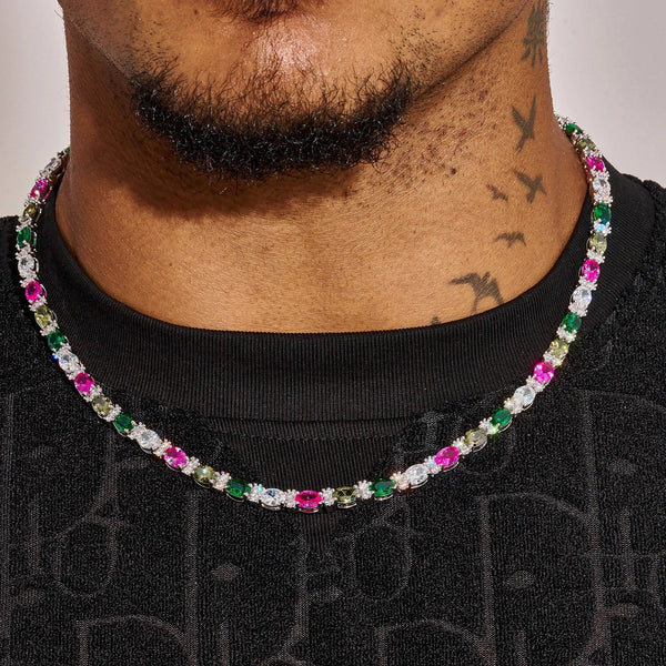 5MM Moissanite multicolor mixed oval cut tennis chain necklace in 925 silver worn on neck