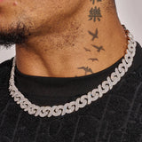 12MM moissanite iced out baguette infinity link chain in 925 silver white gold plating worn on neck