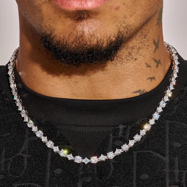 6MM Round and Diamond Cluster Tennis Chain in white gold worn on male neck with black shirt