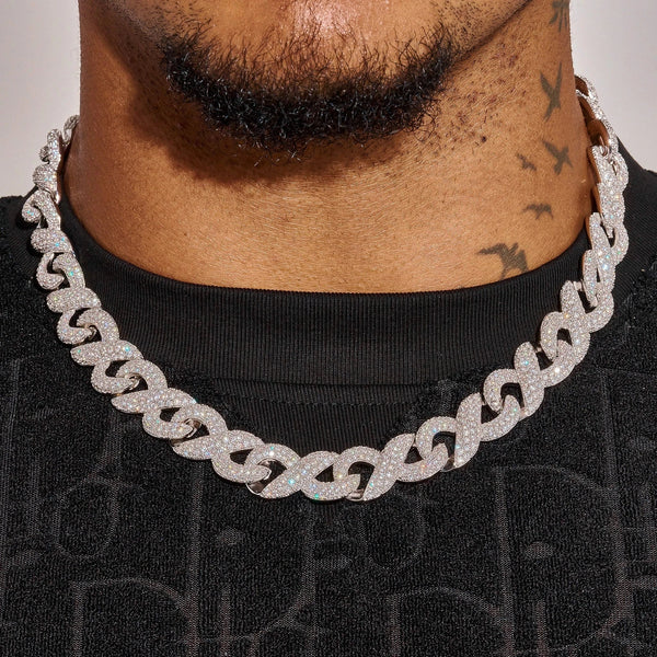 14MM iced out figure 8 link chain in white gold with diamond simulants worn on neck