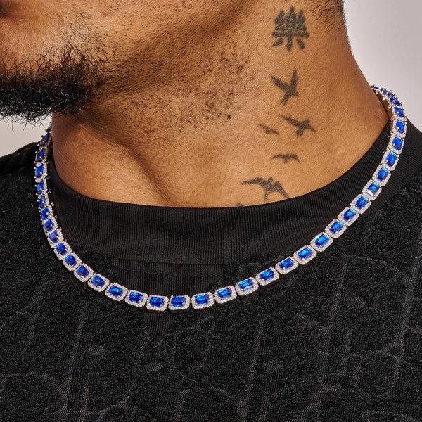 Sapphire Cushion Cut Tennis Chain white gold necklace with deep blue sapphires on model