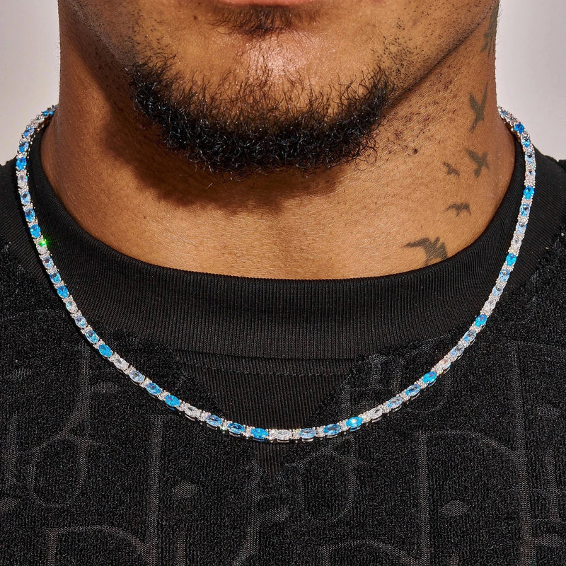 3MM Moissanite Blue Ovals Tennis Chain in white gold plated 925 silver on model neck