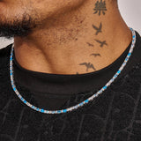 3MM Moissanite Blue Ovals Tennis Chain in 925 Silver with white gold plating worn on neck