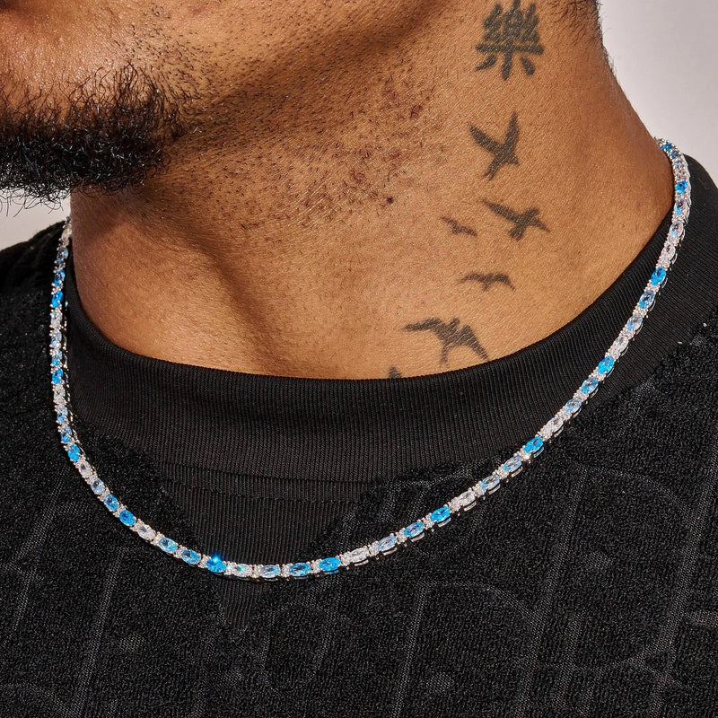 3MM Moissanite Blue Ovals Tennis Chain in 925 Silver with white gold plating worn on neck