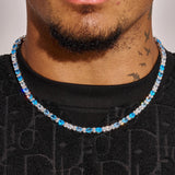 5MM Moissanite blue oval tennis chain necklace in 925 silver worn on neck