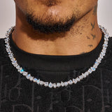 5MM Illuminate Mixed Tennis Chain in white gold with sparkling diamond simulants worn on neck