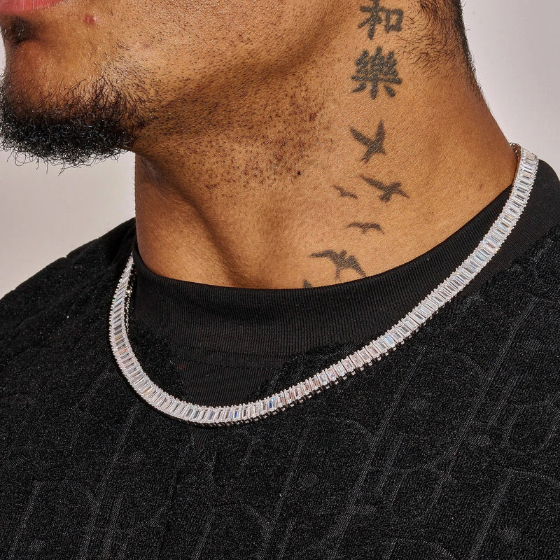 6MM Moissanite Baguette tennis chain in 925 silver with D colour and VVS1 clarity worn on neck
