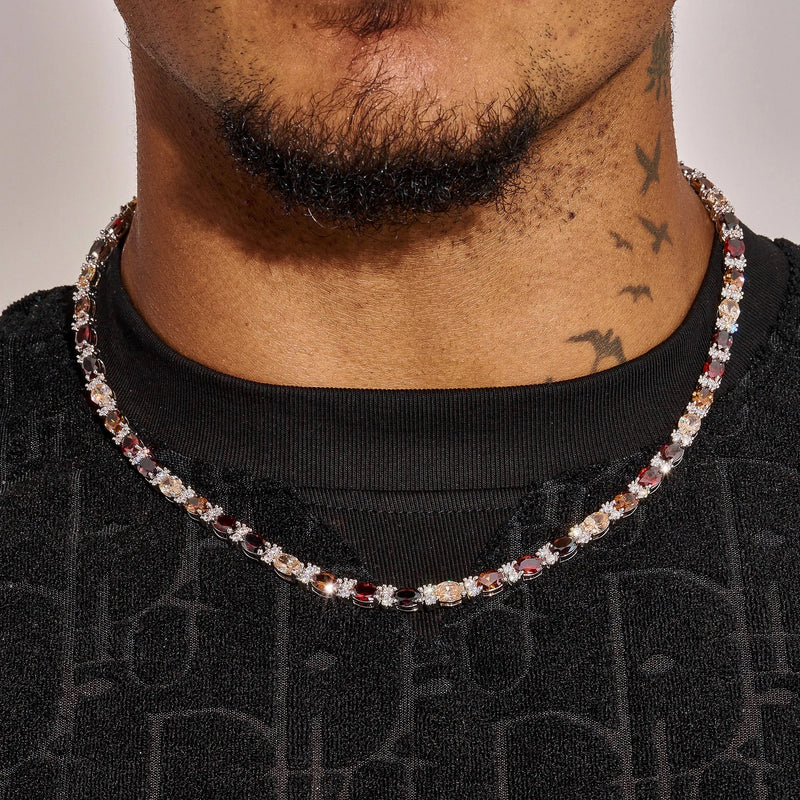 5MM multicolor oval cut brown stone tennis chain necklace in white gold worn on neck