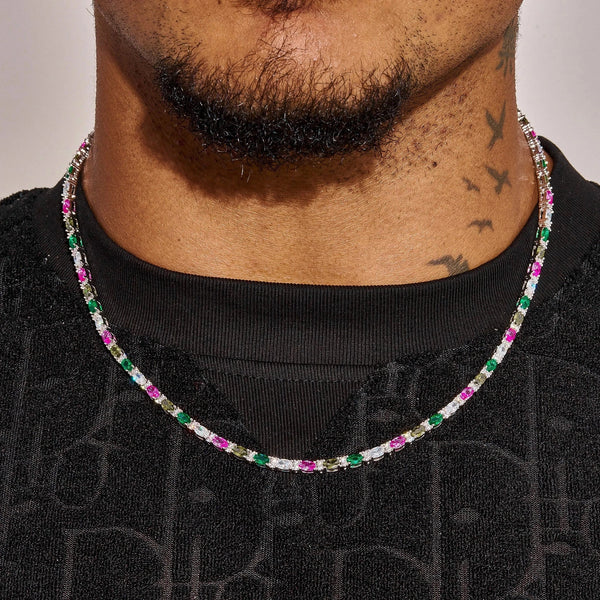 3MM Moissanite multicolor mixed oval cut tennis chain necklace in 925 silver D colour VVS1 worn by man