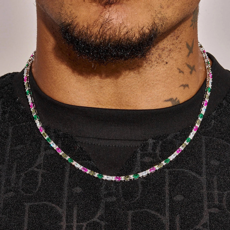 3MM Moissanite multicolor mixed oval cut tennis chain necklace in 925 silver D colour VVS1 worn by man