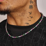 3MM Moissanite multicolor mixed oval cut tennis chain necklace in 925 silver worn by man