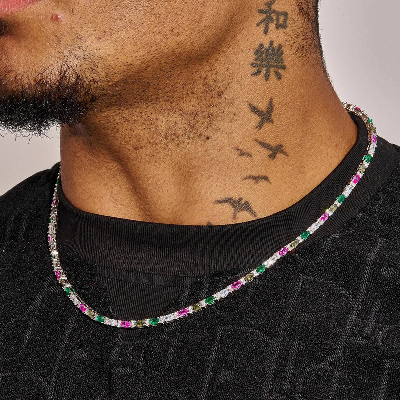 3MM Moissanite multicolor mixed oval cut tennis chain necklace in 925 silver worn by man