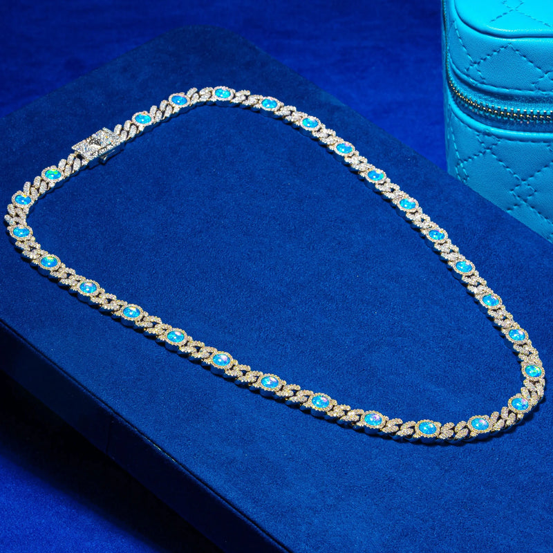 8MM Blue Opal Classic Cuban Chain - White Gold