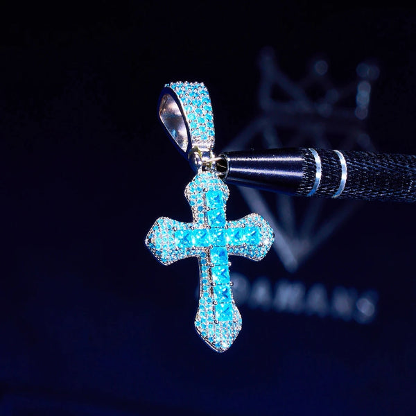 Iced Blue Celtic Cross Pendant in White Gold with Diamond Simulants.