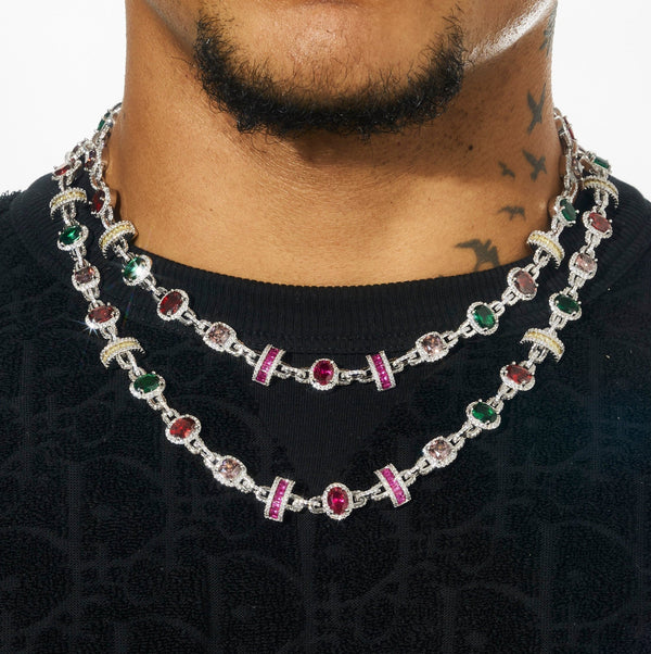 10MM multi-color mixed shape gemstone chain in white gold on person.