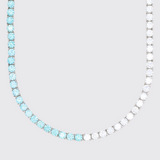 5mm pale blue and white tennis chain in white gold with round prong-lifted stones.