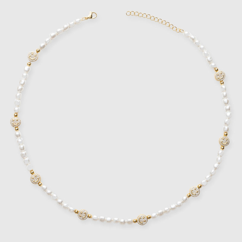 5mm Iced Smiley Face Pearl Necklace - Gold