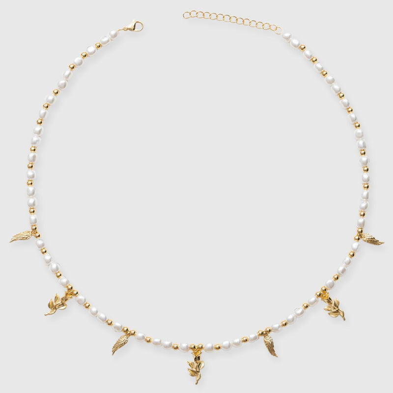 Wings & Roses Beaded Pearl Necklace - Gold