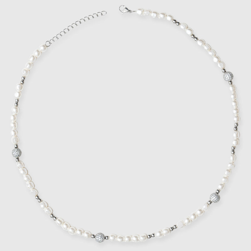 5mm Iced Beaded Pearl Necklace - White Gold