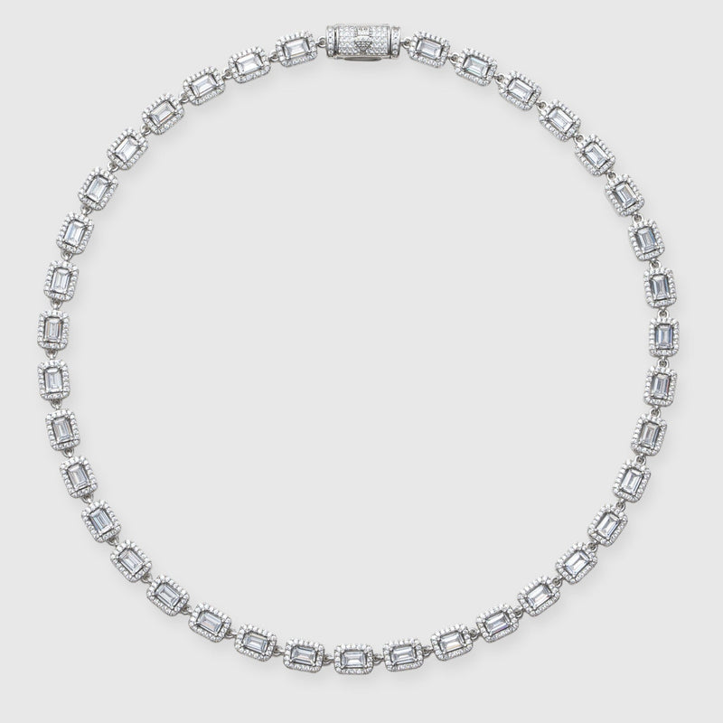 8mm white gold baguette chain necklace with diamond simulants.