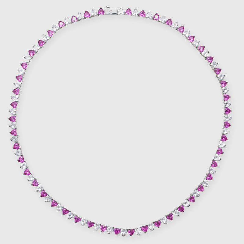 5mm WHITE & PINK HEART TENNIS CHAIN - WHITE GOLD