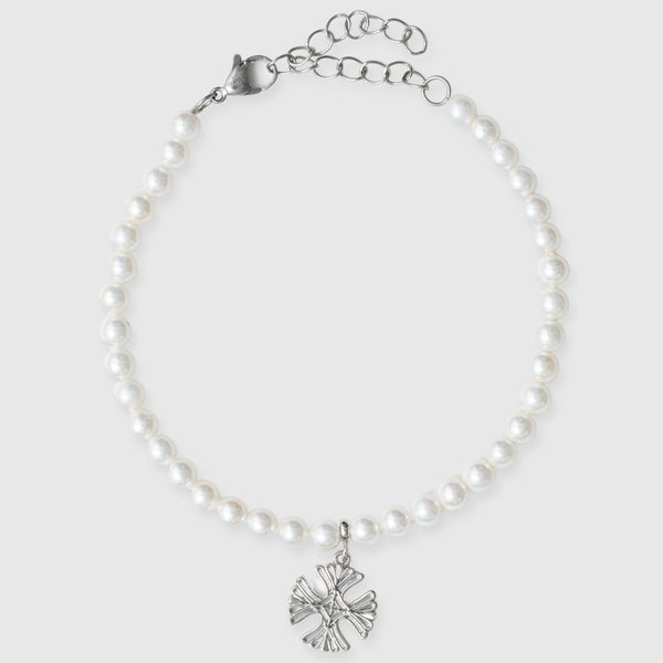 5mm Celtic Cross Motif Pearl Bracelet with white freshwater pearls and white gold plating