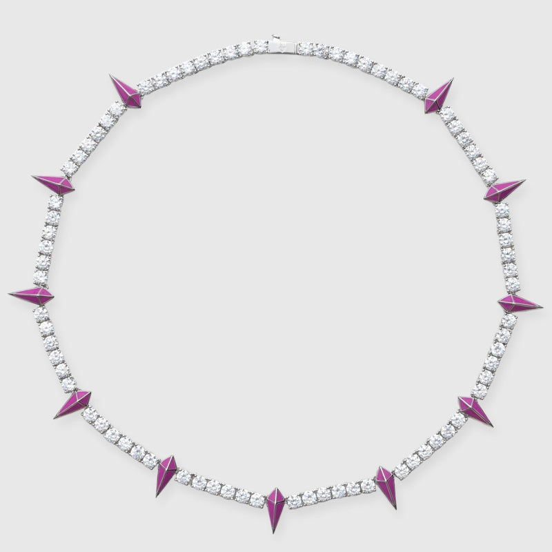 5mm pink pave spike tennis chain in white gold with pink enamel spikes and round cut stones.