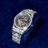 Adamans Baguette Watch - Silver with 266 diamond baguette simulants and skeleton dial on blue cushion