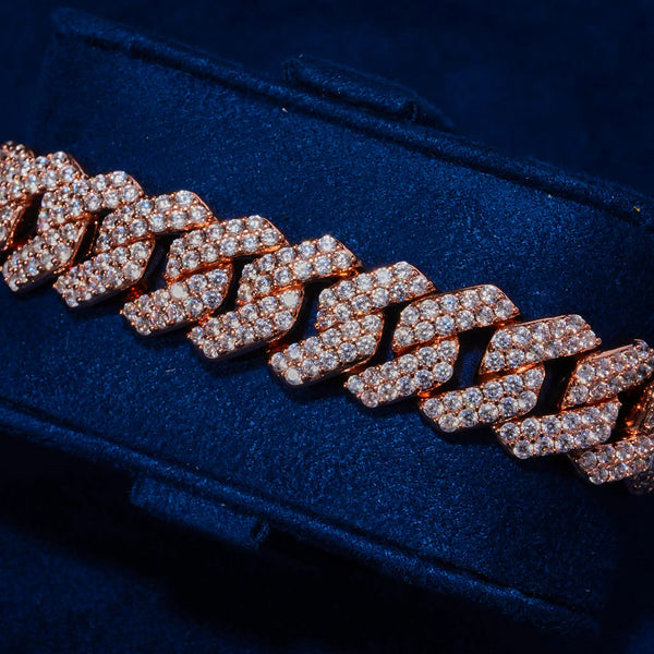 14mm Moissanite Monaco Bracelet in rose gold with 925 silver and VVS1 D color stones on blue display