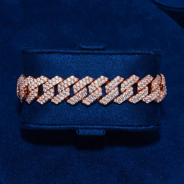 14mm Moissanite Monaco Bracelet in rose gold with 925 silver and VVS1 stones on navy background