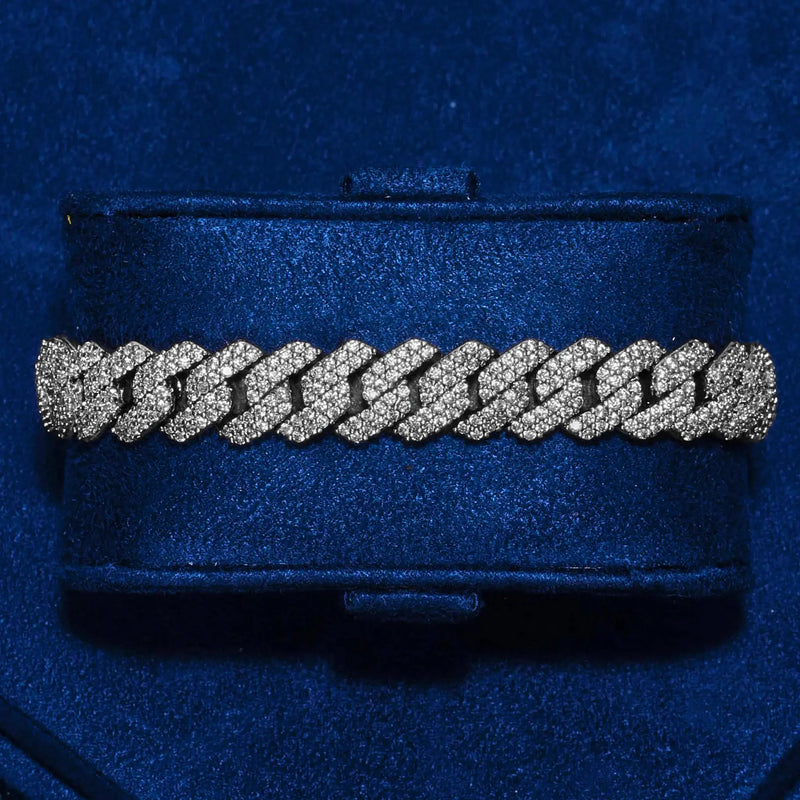 10MM Monaco Bracelet white gold with hand-set prong-lifted CZ stones on blue display cushion