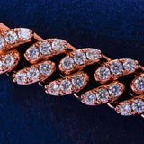 10mm iced Cuban bracelet in rose gold with prong-set diamond simulants on dark background