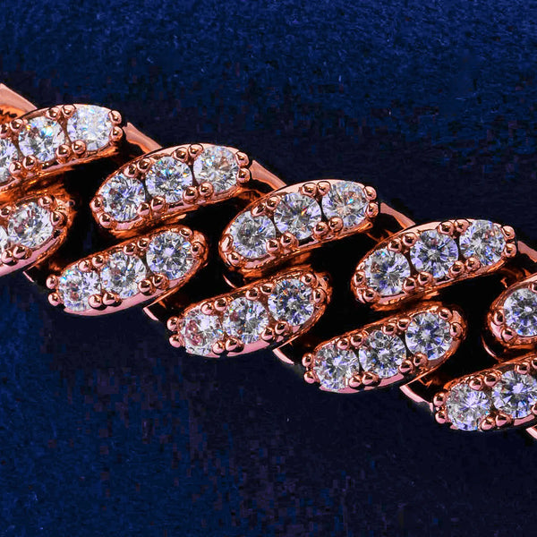 10mm iced Cuban bracelet in rose gold with prong-set diamond simulants on dark background