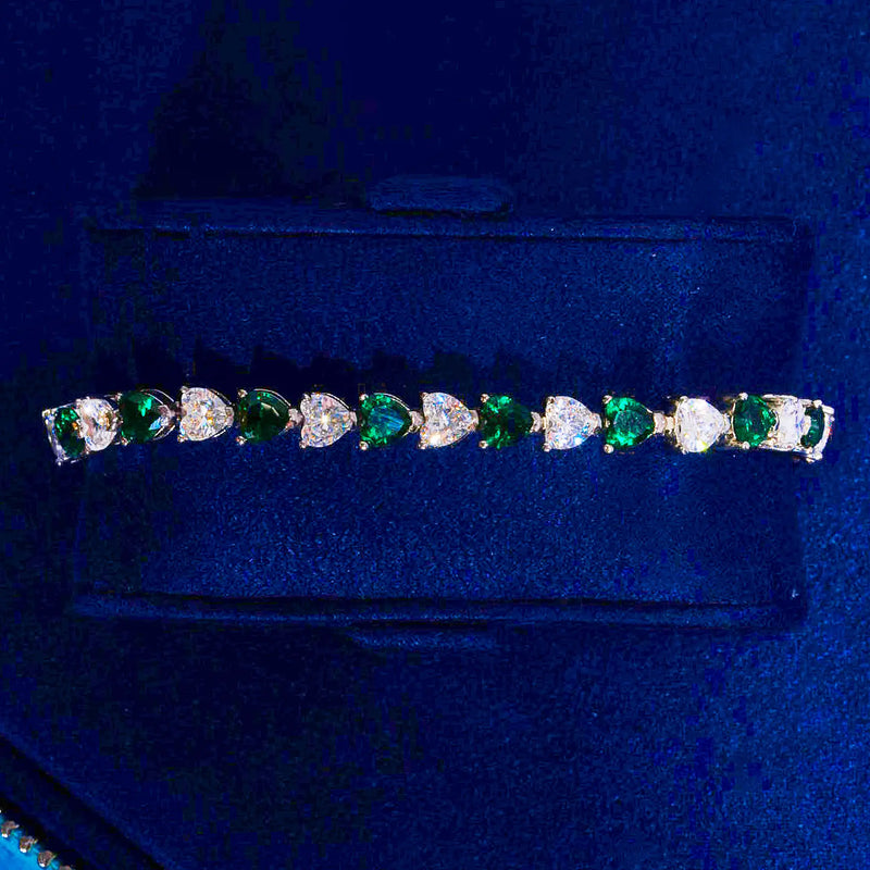 5mm WHITE & GREEN HEART TENNIS LINK BRACELET - WHITE GOLD