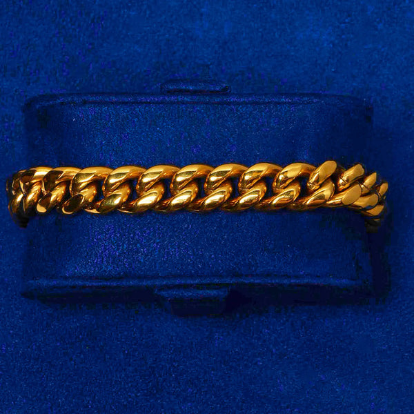 10mm gold Cuban bracelet with iced clasp on blue display box