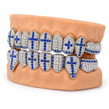 Blue cross moissanite grillz with pointed lower fangs in silver, side profile