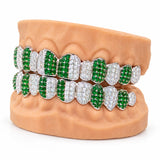 Emerald green alternating moissanite grillz in silver, side profile