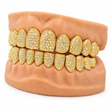 Fully iced gold moissanite grillz showing full arch coverage, side profile
