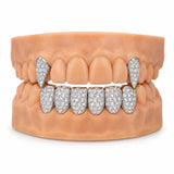 Iced silver moissanite lower grillz worn with two upper fangs on the canines, front view