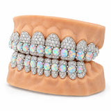 Opal double row moissanite grillz in silver, side profile