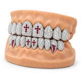 Ruby cross moissanite grillz with red stone fangs in silver, side profile