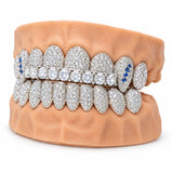 Tennis bar moissanite grillz in silver with blue stone accents, side profile