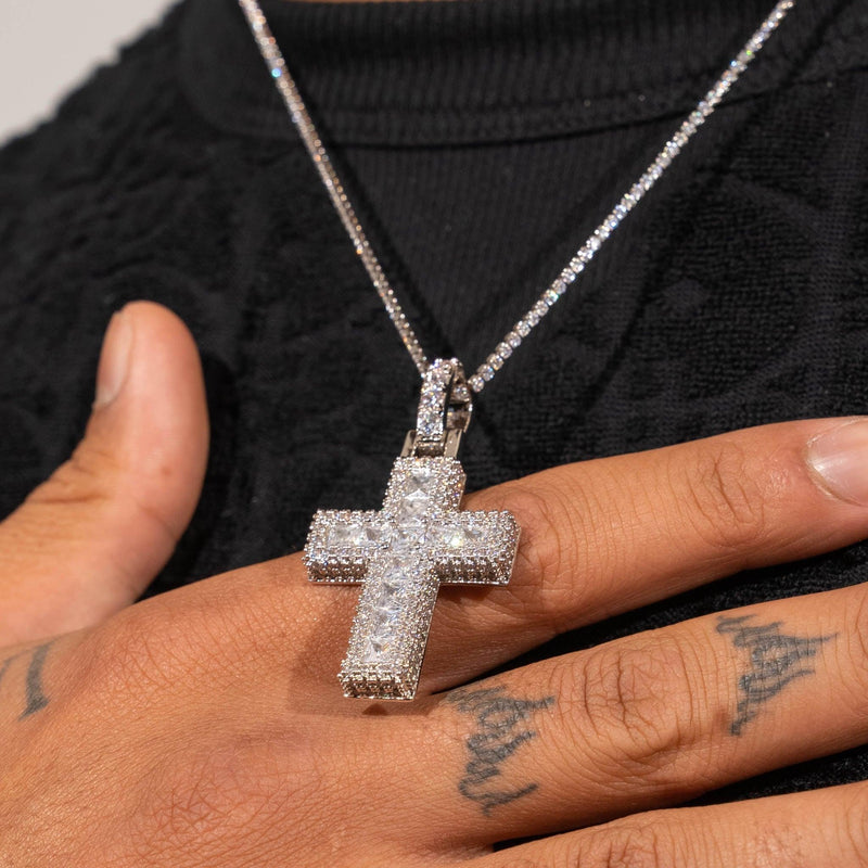 Baguette Cross Pendant - White Gold - Adamans