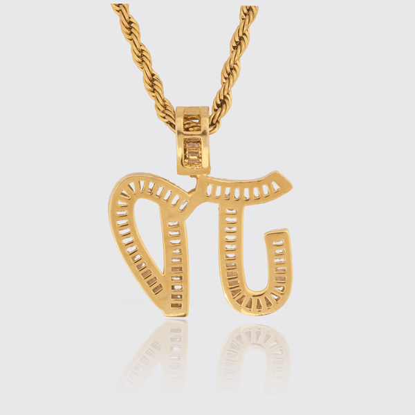 Custom Brush Font Pendant with 18K gold plating and diamond simulants on a 4mm rope chain.